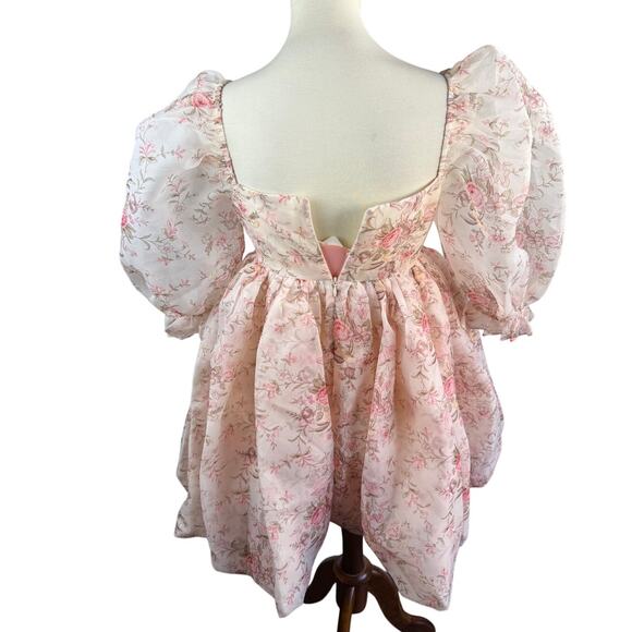 Selkie Cottagecore Fairy Puff Sleeve Bubble Pink Floral Dress Mini Small - Picture 6 of 10